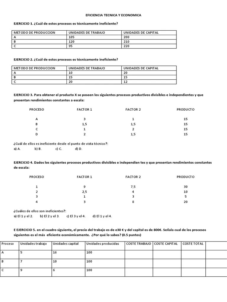 Ejercicios eficiencia tecnica y economica
