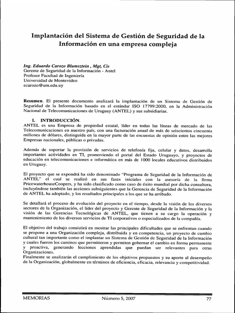 Implantación Del Sistema De Gestion De Seguridad De La Informacion En Una Empresa Compleja | PDF ...