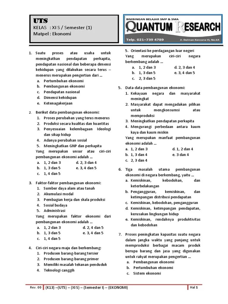 Contoh soal pilihan ganda dan jawaban ekonomi kelas xi semester 1. Soal Uts Kelas Xi Pdf