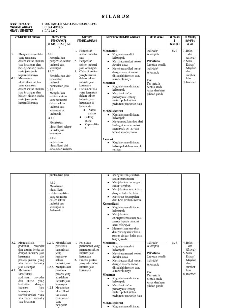 Rencana pelaksanaan pembelajaran (rpp) sekolah . Silabus Etika Profesi Kls X Pdf