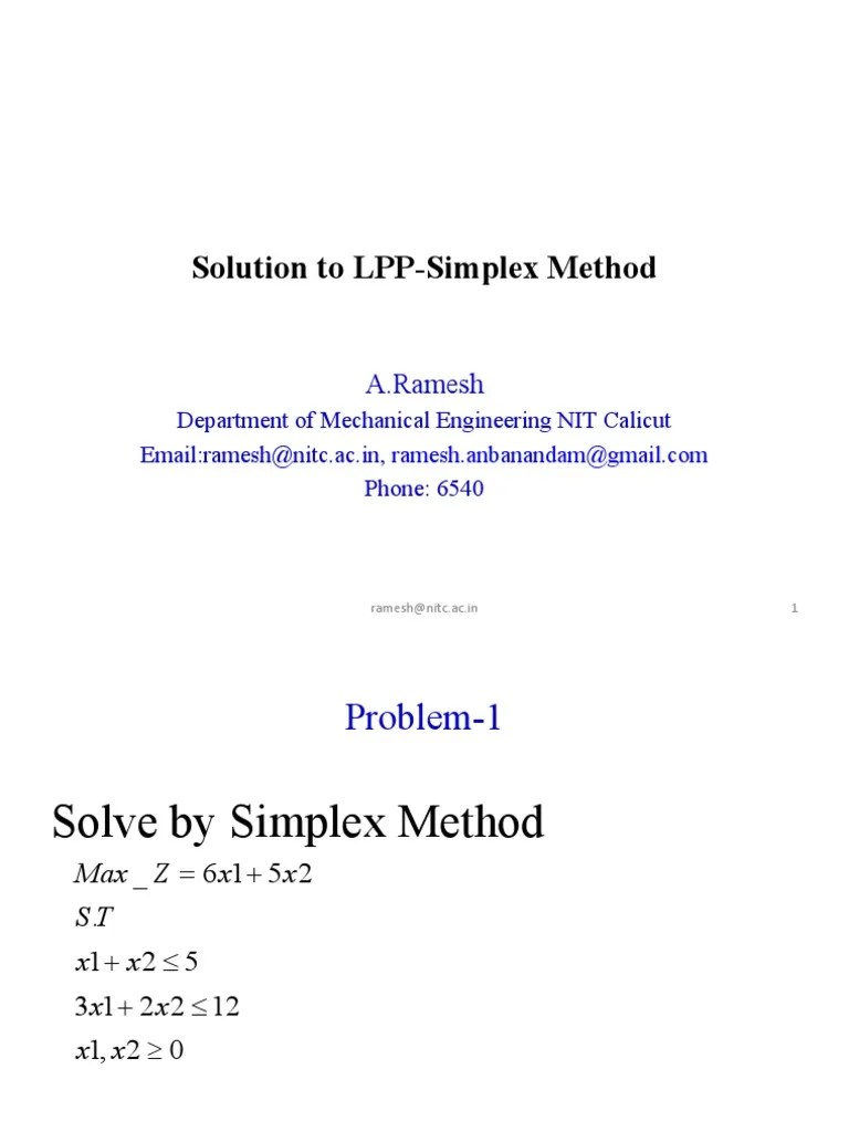 Solution To LPP-Simplex Method: A.Ramesh | PDF | Mathematical ...