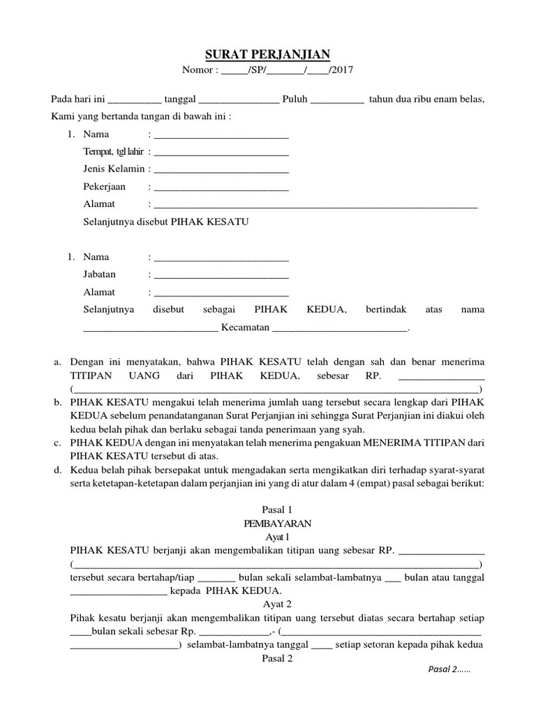 contoh surat perjanjian hutang usaha. Surat Perjanjian Titip Uang Pdf