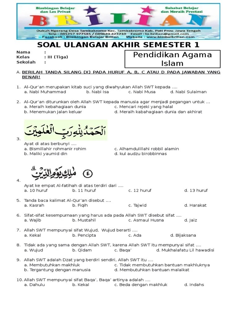 Kesemua soal uts sd kelas 3 mata pelajaran pendidikan agama islam ini bisa dijadikan contoh atau digunakan karena sudah tersedia link . Soal Uas Pai Kelas 3 Sd Semester 1 Ganjil Dan Kunci Jawaban Pdf