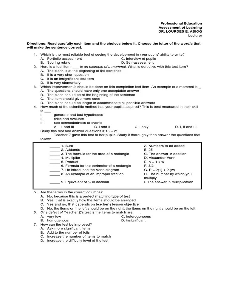 Professional Education Assessment Of Learning | PDF | Educational Assessment | Rubric (Academic)