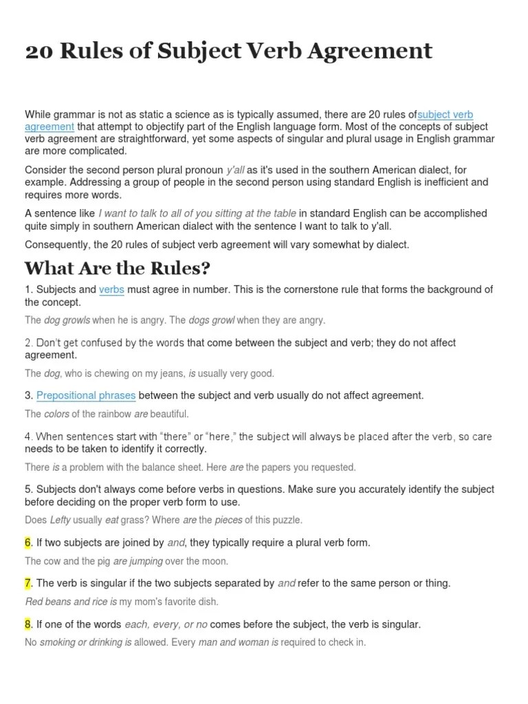 Subject verb agreement (rules)