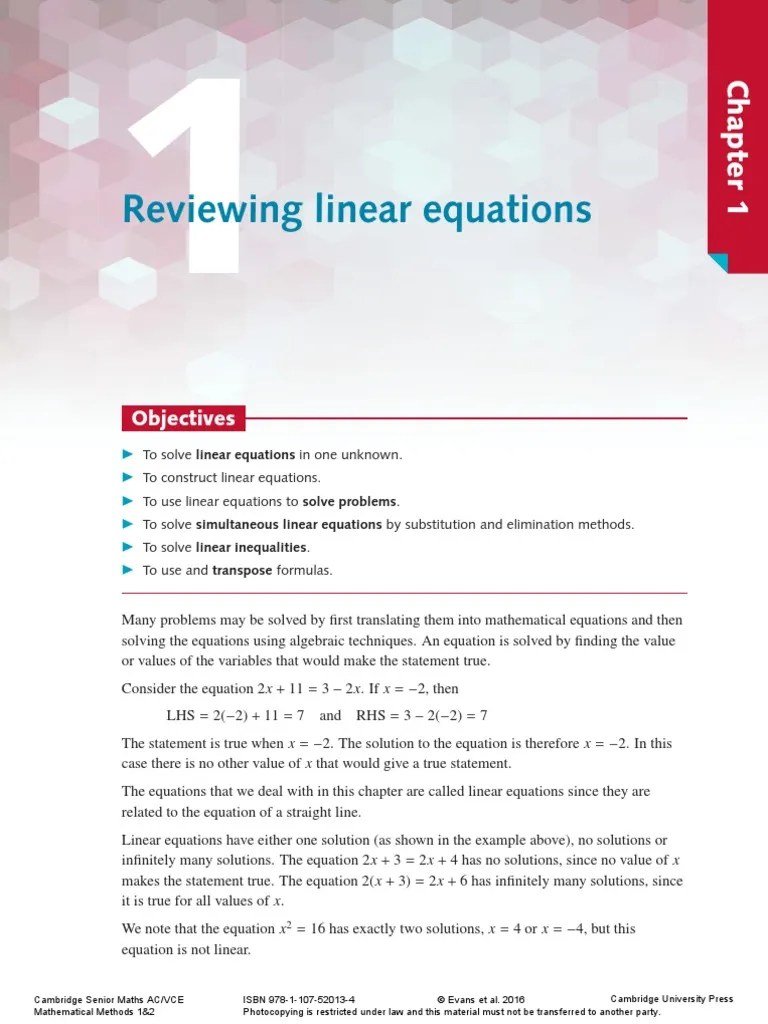 Mathematical Methods Units 1 2 AC VCE - Chapter 1 | PDF | Variable (Mathematics) | Equations