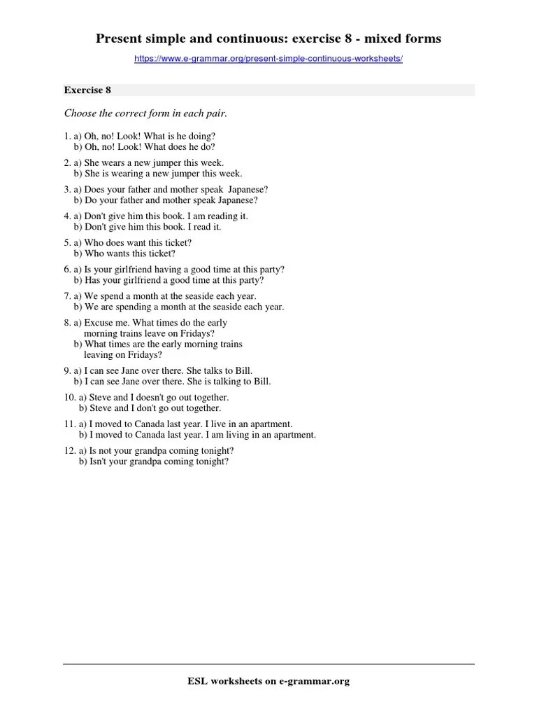 present simple continuous exercise 8 pdf