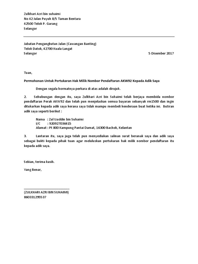 17 contoh surat akuan sumpah pembinaan rumah. Contoh Surat Tukar Hak Milik Kenderaan Letter 7saudara Com