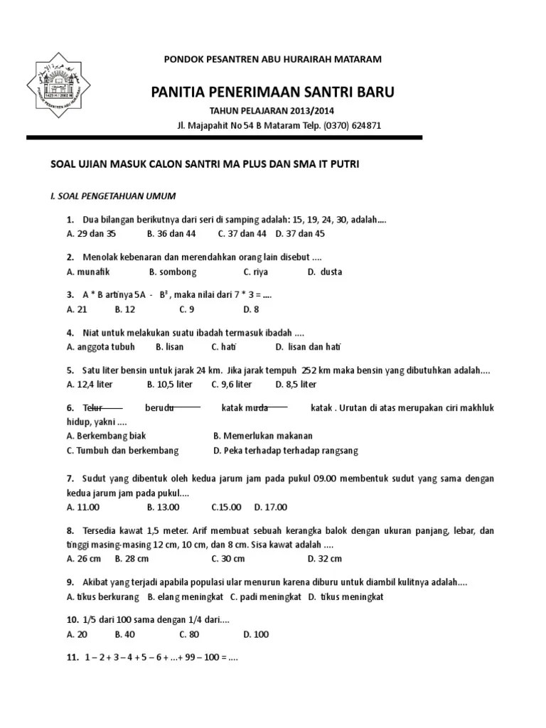 Contoh Soal Tes Masuk Psb Ppdb Rsbi Info Wisata Hits