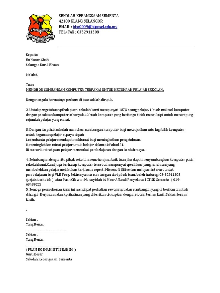 Sarawak · yb encik abdul wahab bin aziz,. Surat Rasmi Permohonan Laptop Letter 7saudara Com