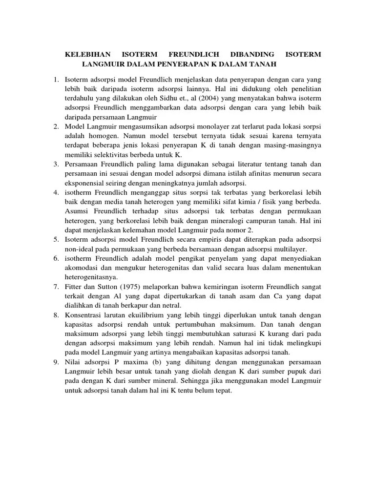 Kelebihan Isoterm Freundlich Dibanding Isoterm Langmuir Dalam Penyerapan K  Dalam Tanah | PDF