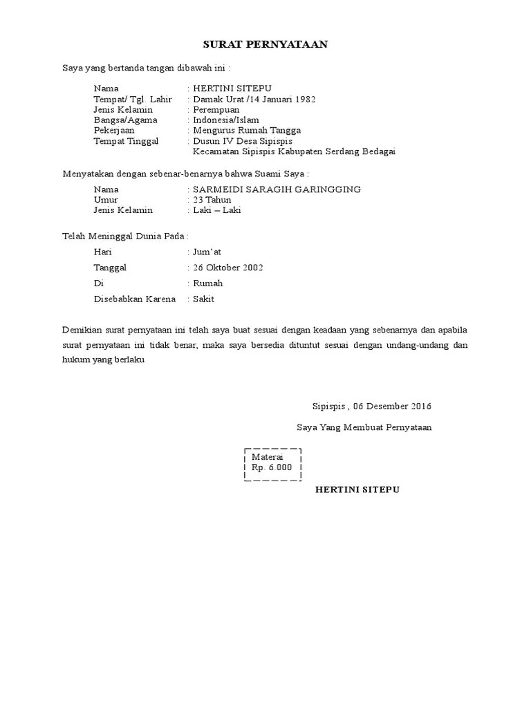 Pemerintah provinsi khusus ibukota jakarta pengurus rukun tetangga 000/00 kelurahan tegal alur, kecamatan kali deres kota demikian surat izin ini saya buat dengan sadar dan benar. Contoh Surat Keterangan Kematian Dari Desa - Berbagi ...