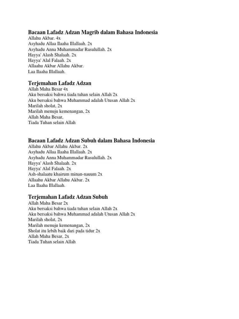 Bacaan Lafadz Adzan Magrib Dalam Bahasa Indonesia | PDF