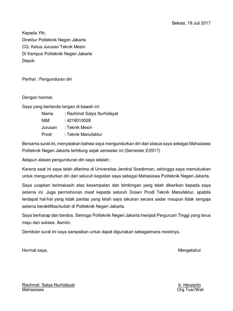 Inilah 17 contoh surat pengunduran diri kerja resmi yang sopan yang bisa kamu coba buat. Surat Pengunduran Diri Pnj Pdf