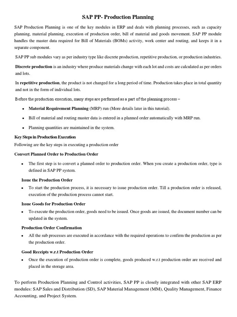 SAP PP-Production Planning: Key Steps In Production Execution | PDF ...