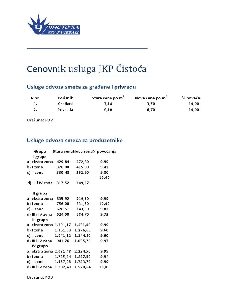 Cenovnik Usluga JKP Cistoca | PDF