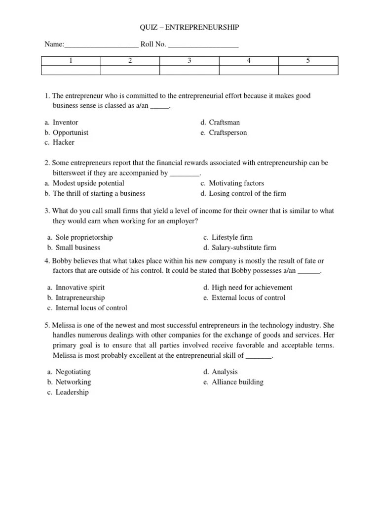 Entrepreneurship Quiz | PDF