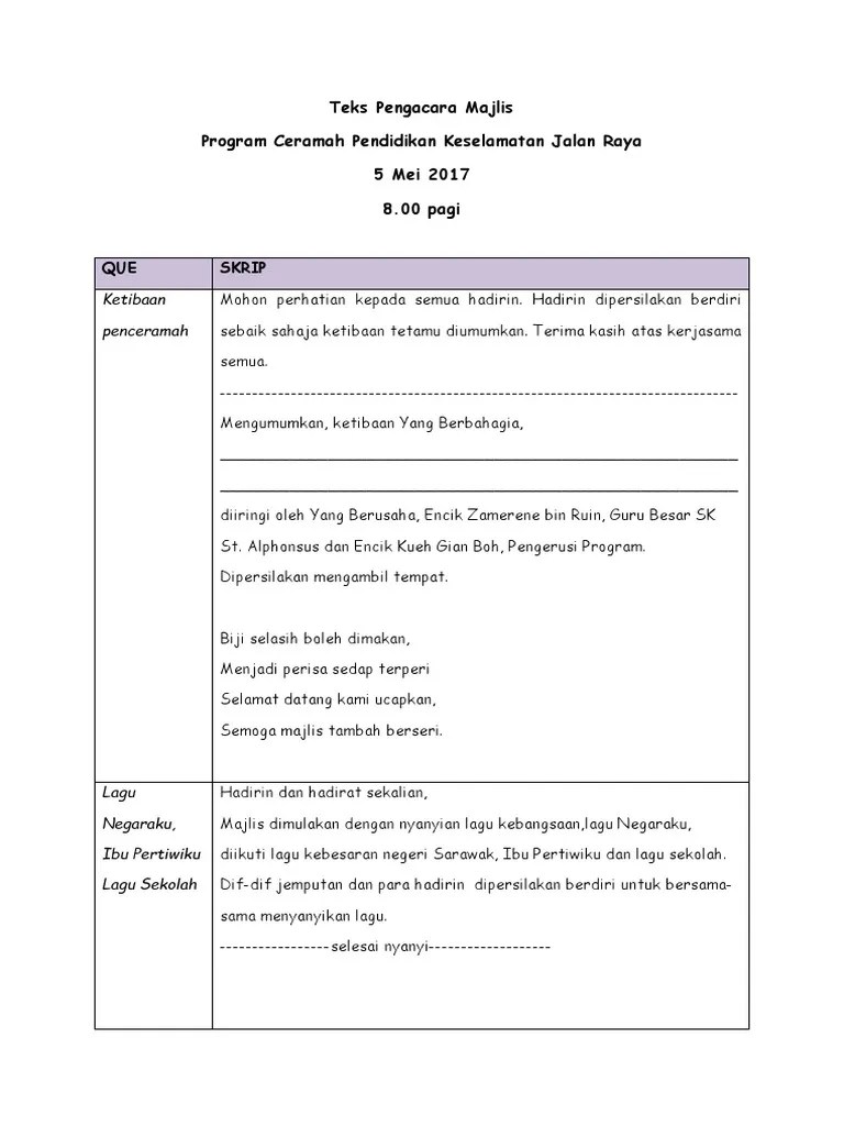 Teks pengacara majlis untuk ceramah program kesedaran & pencegahan malaria sempena sambutan hari malaria sedunia peringkat negeri pahang. Teks Pengacara Majlis Ceramah Pkjr Pdf