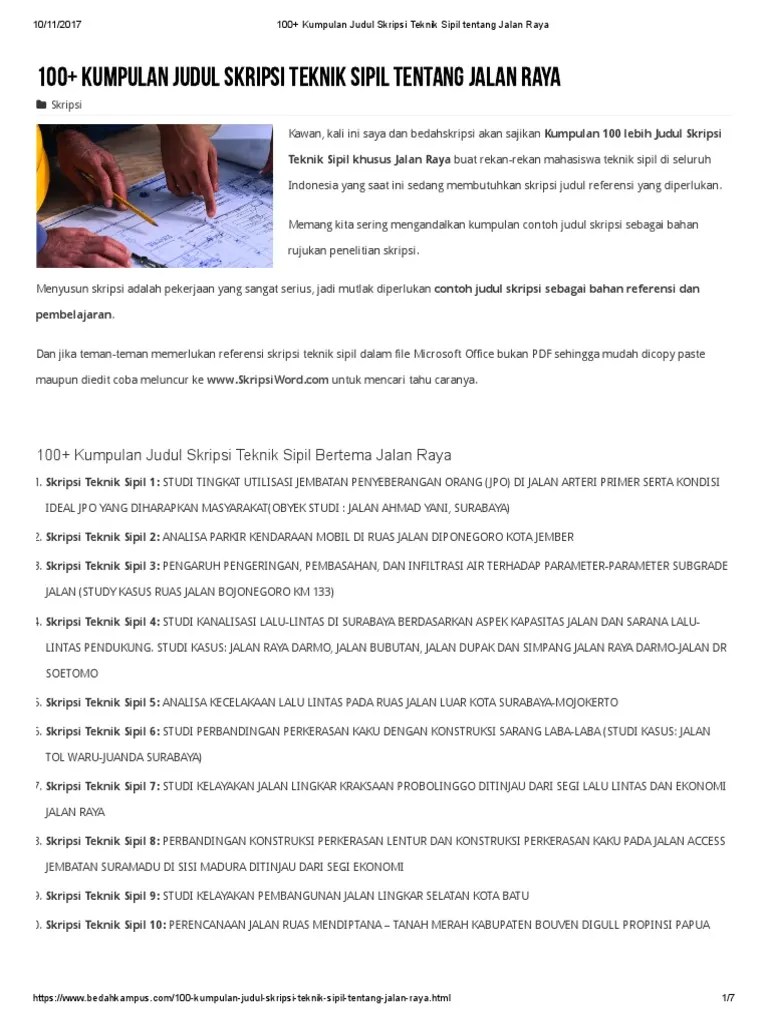Satu atau lebih kata kunci dari judul, pengarang, atau subyek. 100 Kumpulan Judul Skripsi Teknik Sipil Tentang Jalan Raya Pdf