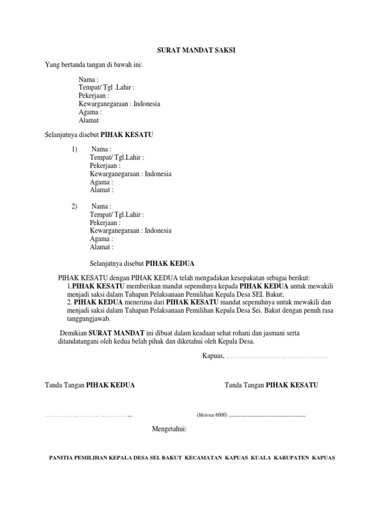 Contoh Surat Mandat Saksi Calon Kepala Desa Contoh Surat 