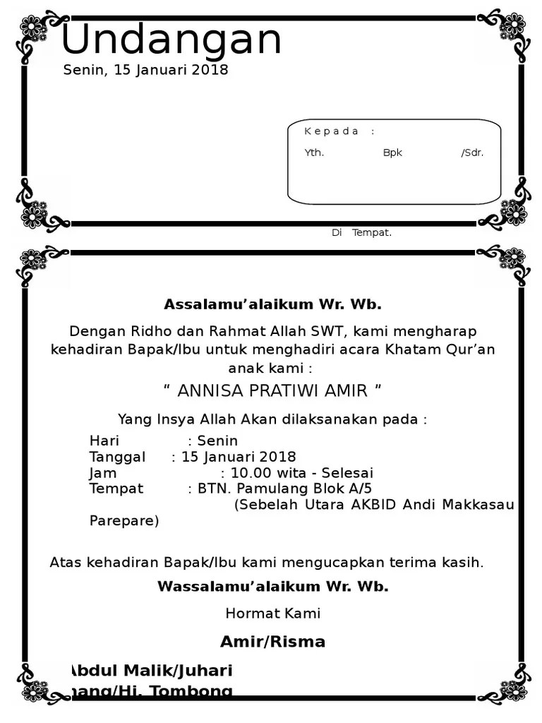 Contoh surat undangan pengajian yang baik dan benar. Contoh Undangan Khataman Al Quran Goresan