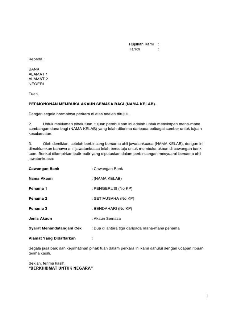 14.01.2022 · contoh surat pengesahan majikan 2022(format terkini) sebagai kakitangan sesebuah syarikat, anda memerlukan contoh surat pengesahan majikan atau surat pengesahan jawatan semasa ingin membuat urusan rasmi yang melibatkan status kewangan seperti pinjaman bank, pembelian rumah, memohon bantuan dari badan tertentu, membuat … Format Surat Permohonan Buka Akaun Pdf