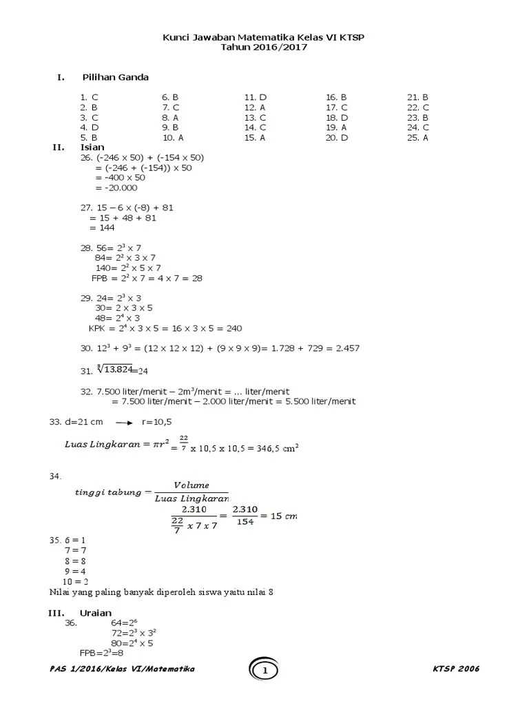 Buku guru matematika kelas xi edisi revisi diknas shopee. Kunci Jawaban Matematika Kelas 6