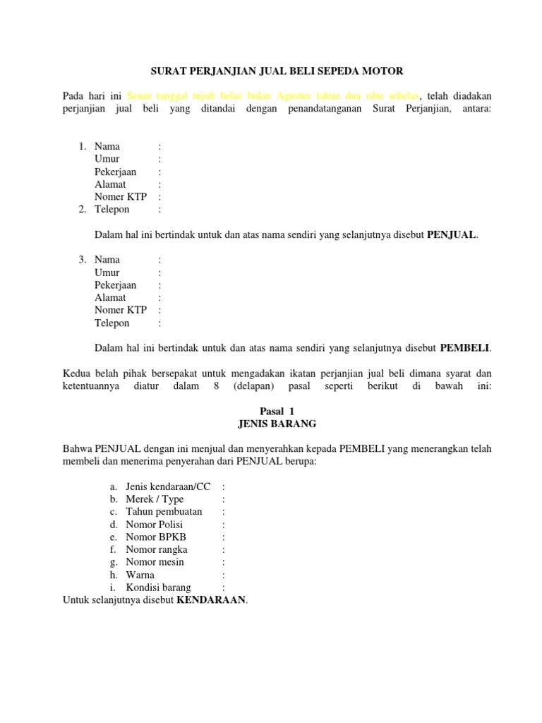 Download surat perjanjian jual beli motor download document. Contoh Surat Perjanjian Beli Motor