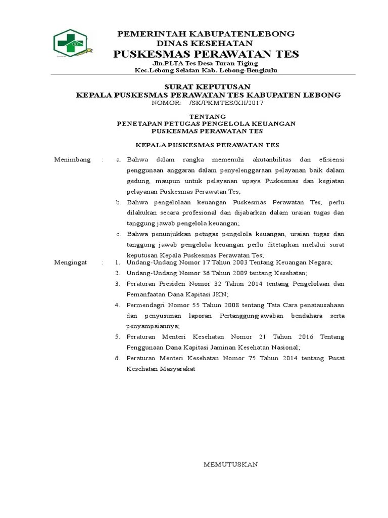 Penetapan pejabat pengelola keuangan satuan kerja dan tim. Sk Tentang Bendahara Bok Pdf