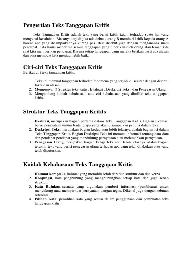 Pengertian Teks Tanggapan Kritis Ciri Ciri Struktur Kaidah Contoh Teks Tanggapan Kritis Pustakapengetahuan 