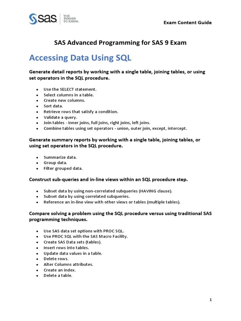 SAS Advanced Programming For SAS 9 Exam - Exam Content Guide | PDF ...