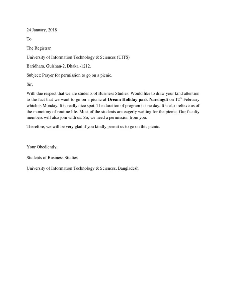 Application For Permission To Go On A Picnic | PDF