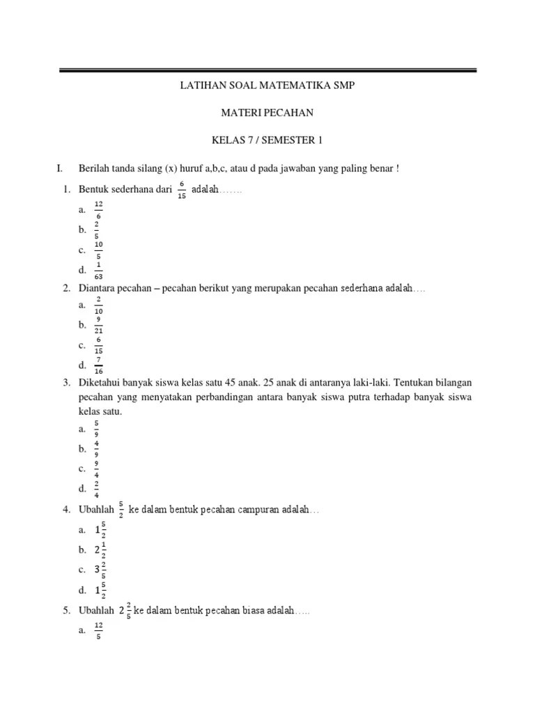 Soal matematika kelas 4 sd bab 7 bilangan bulat dan kunci jawaban. Soal Pilihan Ganda Pecahan Pdf