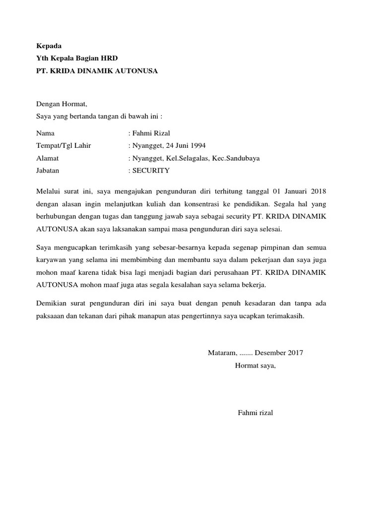 Selain itu, harus dibuat dengan baik dan benar. Garment Surat Pengunduran Diri Kerja Pabrik