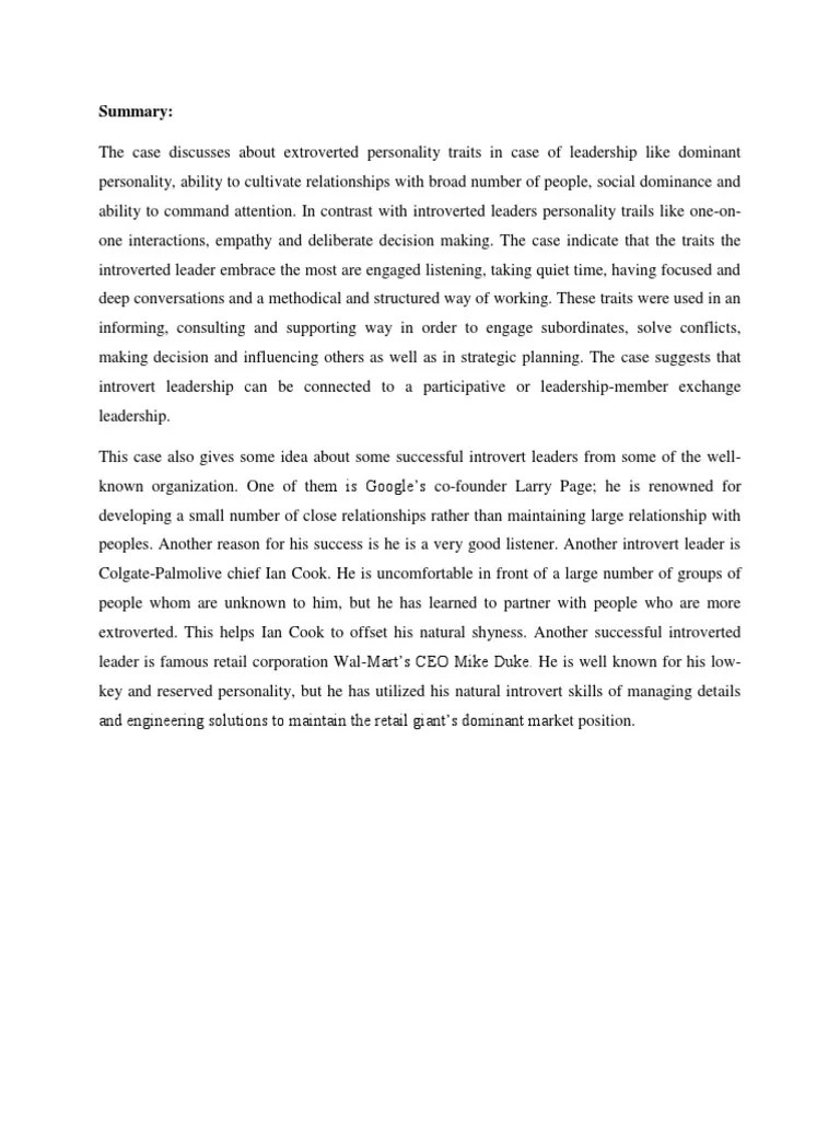 Case Study On Leadership Behavior | PDF | Extraversion And Introversion | Shyness