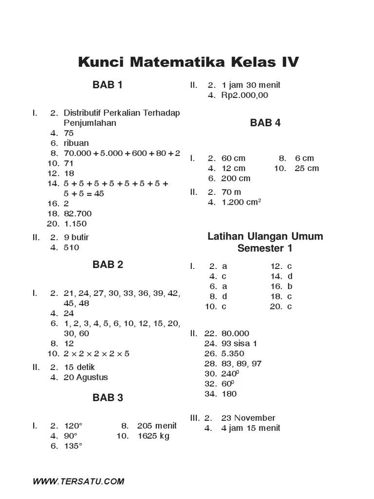 Soal dan jawaban sd kelas 4 5 dan 6 jumat 1 mei 2020 materi belajar dari rumah tvri tidak. Kunci Jawaban Matematika Kelas 4 Semester 1