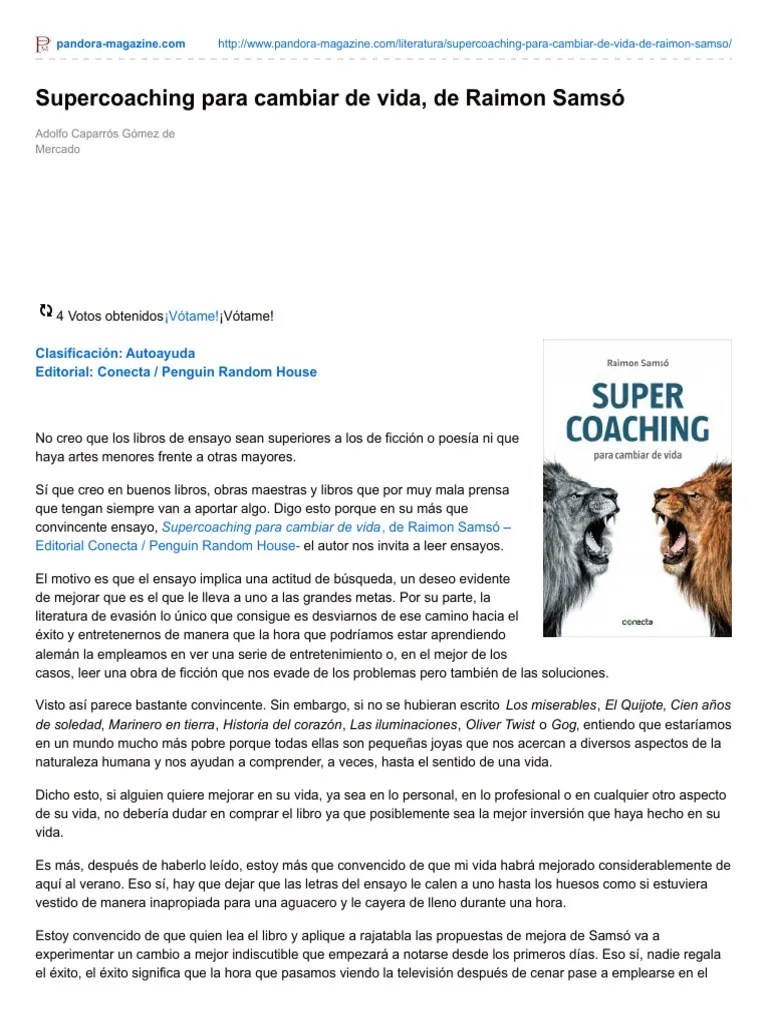 Pandora Magazine Com Supercoaching Para Cambiar De Vida De Raimon Samso Ensayos Desarrollo Personal