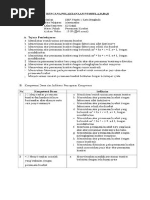 Bahan ajar pertemuan 2 (akar persamaan kuadrat dengan kuadrat sempurna). Rpp Persamaan Kuadrat Smp Kelas 9 Kurikulum 2013 Beinyu Com
