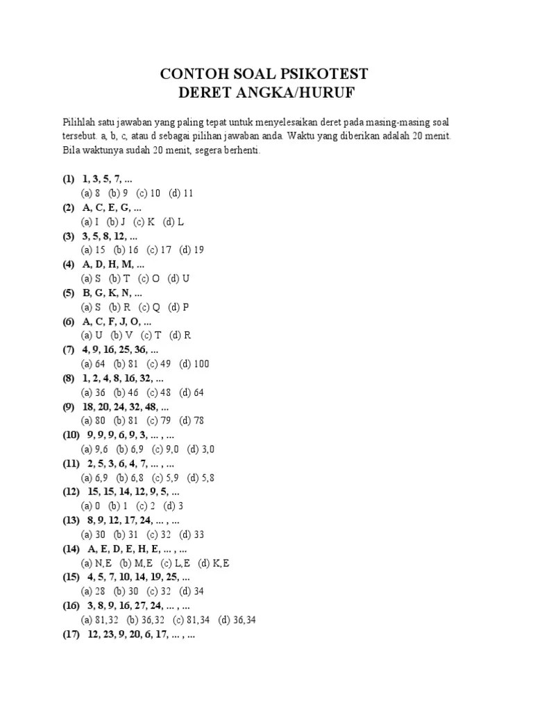 Contoh Soal Psikotes Deret Angka Dan Jawabannya Pdf Sebelum menghadapi ujian psikotes matematika gunakan referensi soal psikotes matematika berikut untuk latihan.