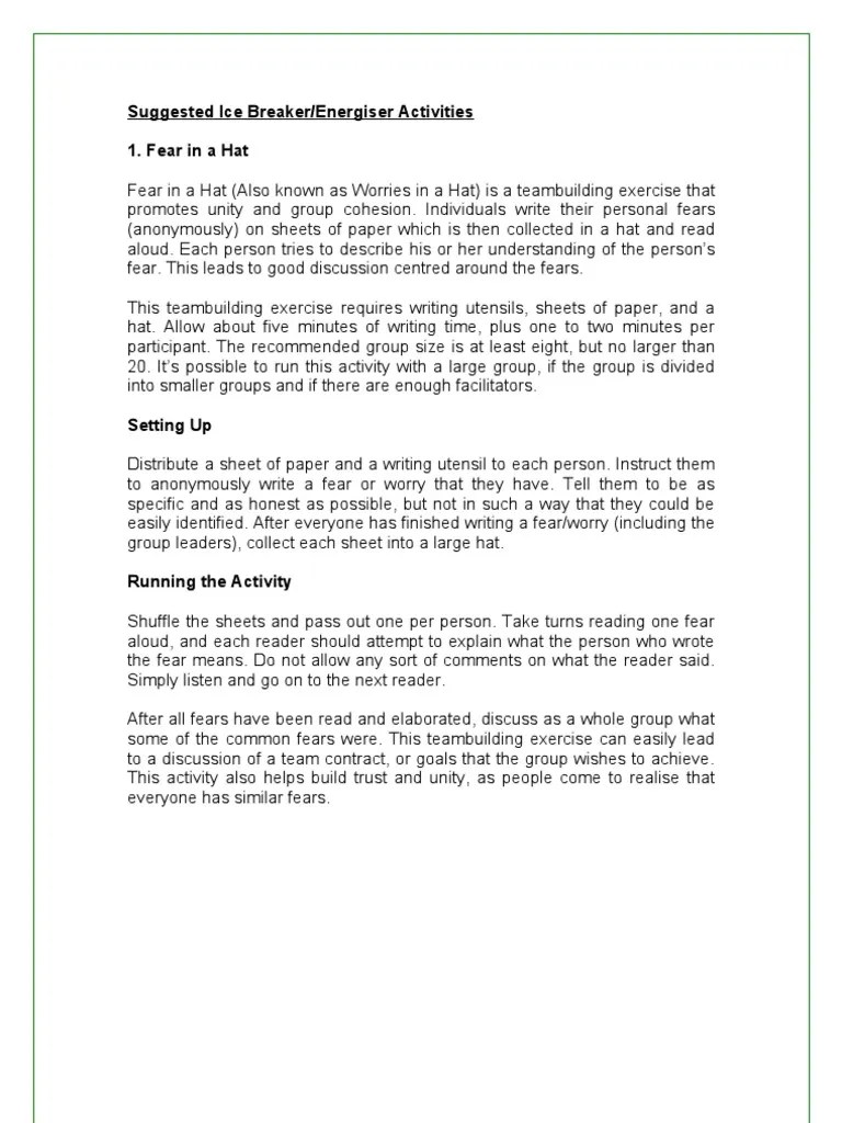 Suggested Ice Breaker/Energiser Activities 1. Fear In A Hat | PDF ...