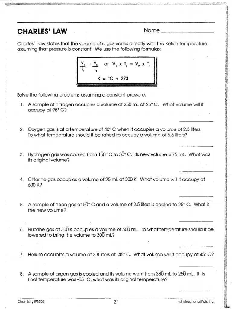 Charles' law is a special case of the ideal gas law. Charles Law Worksheet Pdf