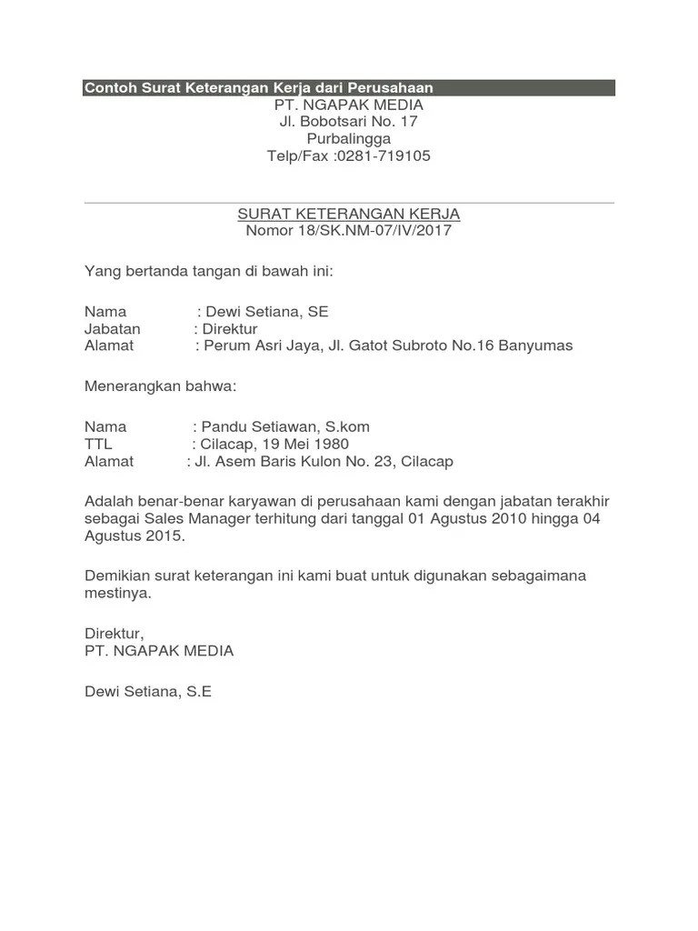 Contoh surat keterangan kerja bahasa inggris pertama. Contoh Surat Keterangan Kerja Dalam Bahasa Inggris Untuk Pengajuan Visa Nasi