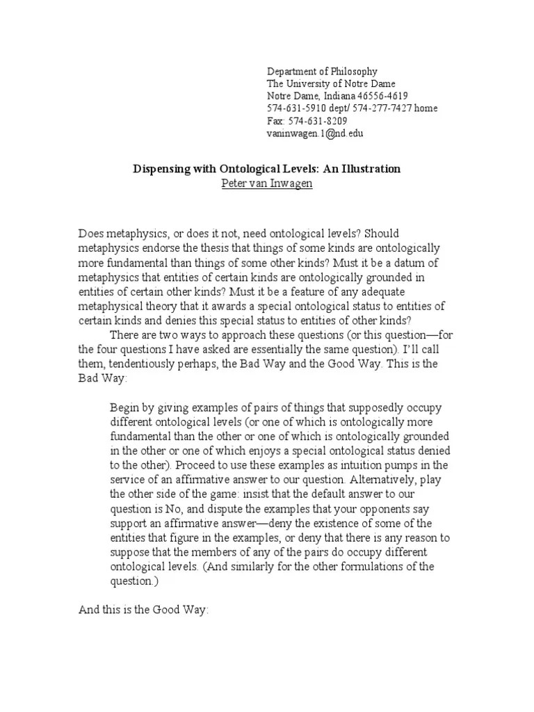 Peter Van Inwagen, Dispensing With Ontological Levels: An Illustration ...