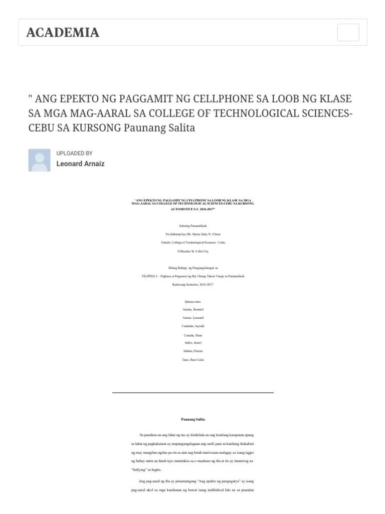 ANG EPEKTO NG PAGGAMIT NG CELLPHONE SA LOOB NG KLASE SA MGA MAG-AARAL ...