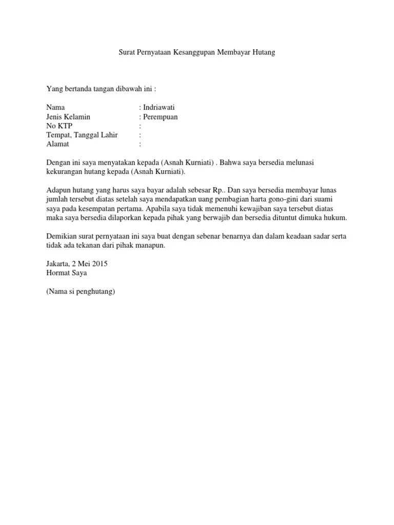 Contoh format surat perjanjian hutang piutang. Contoh Surat Pernyataan Membayar Hutang