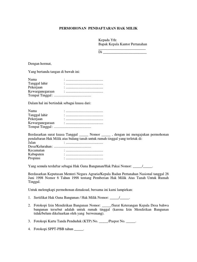 Kamus besar dari hak milik dalam bahasa indonesia. Surat Permohonan Pendaftaran Hak Milik (Sertifikat Prona ...