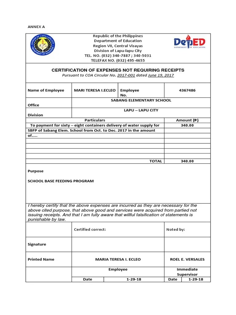 certification of expenses not requiring receipts