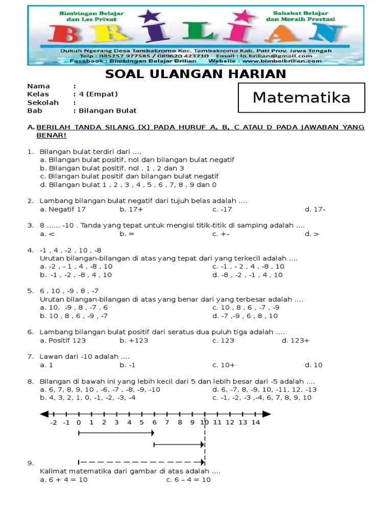 Soal Mtk Kelas 4 Materi Bilangan Bulat