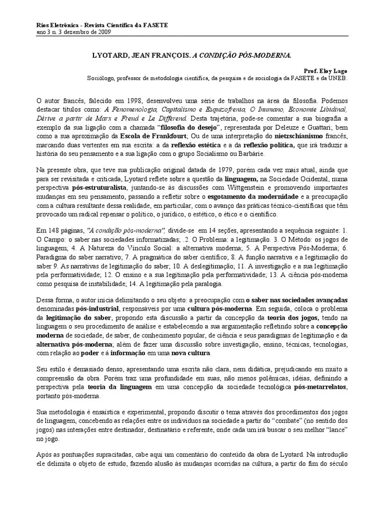 Lyotard Jean Francois A Condicao Pos Moderna PDF | PDF | Science ...