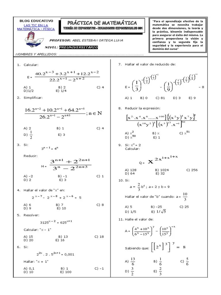 Practica De Teoria De Exponentes 001 PDF | PDF | Enseñanza De Matemática